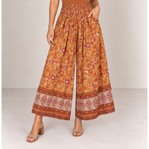 NATURAL LIFE Pants - Natural Life Palazzo Pants Large Mustard Yellow Floral Smocked Wide Leg Boho